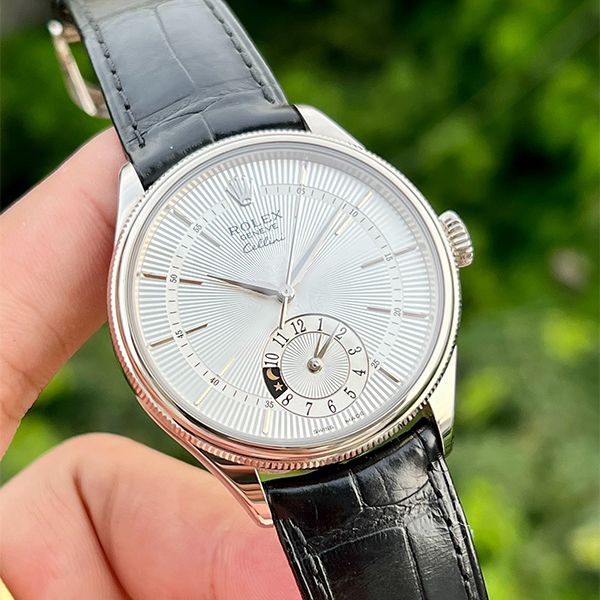 Đồng hồ Rolex Cellini Dual Time 39mm White Gold Silver Brown Strap 50529-0009