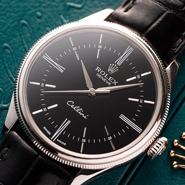 Rolex Cellini Time 39mm White Gold Black Brown Strap 50509-0022