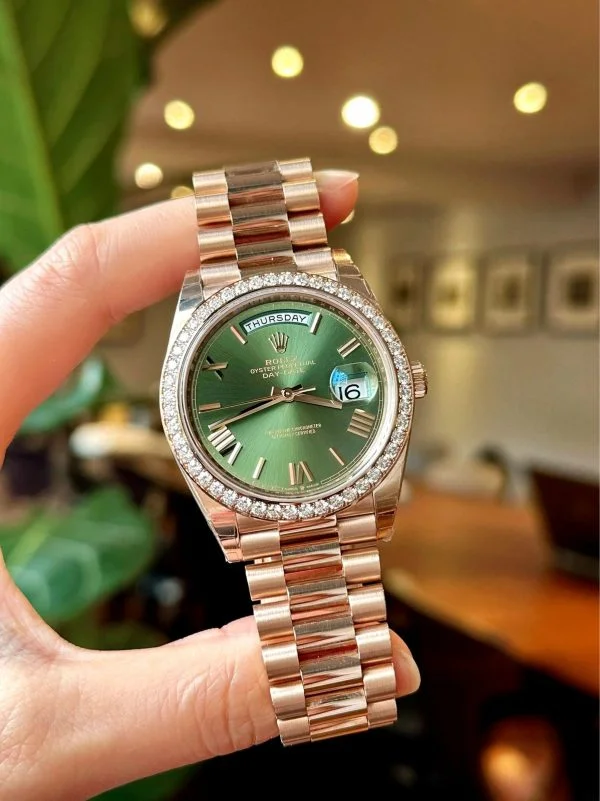 Rolex Day-Date 40mm Rose Gold Olive Green Roman Dial Diamond Bezel President Bracelet 228345RBR New